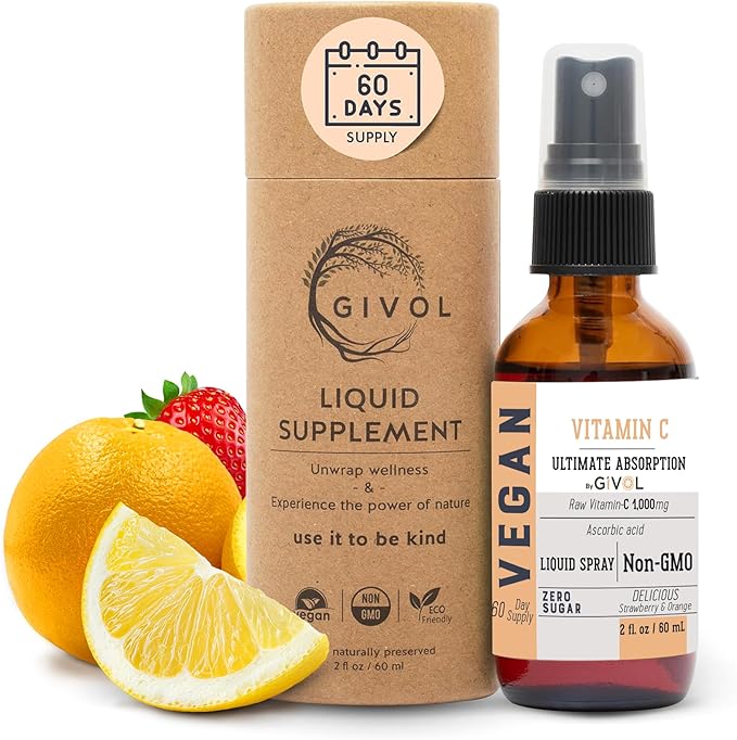 Vitamin C Spray: Daily Absorption Liquid Extract with Lemon Orange Strawberry Rich in Ascorbic Acid 2oz (60ml) 60 Day Supply