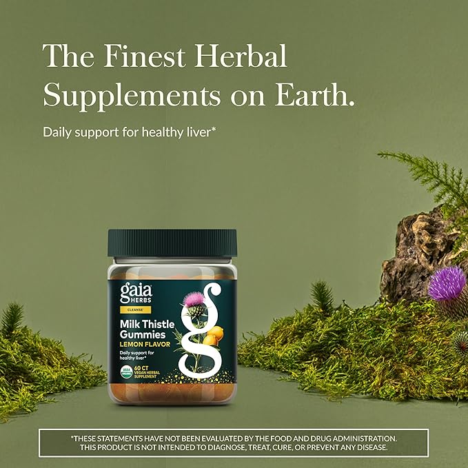 Gaia Herbs Milk Thistle Gummies - Herbal Supplement with Antioxidant Properties for Liver Health &amp Liver Detox - Lemon Flavored - 60 Vegan Gummies