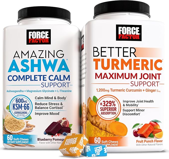 Force Factor Better Turmeric Maximum Joint Support 1075mg Curcumin Amazing Ashwa Complete Calm Support with KSM-66 Ashwagandha 120 Soft Chews