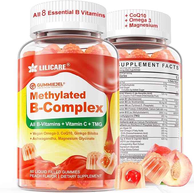 Super Methylated Vitamin B Complex Gummies - All B Vitamins + Omega-3 Magnesium CoQ10 AshwagandhaVitamin C TMG- For Women Men- Methyl B12 2000 mcg Methylfolate B1B2 B3B5B6B7- Sugar Free