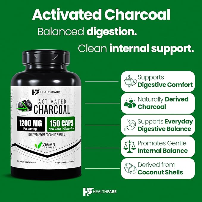 Healthfare Activated Charcoal Capsules 1200mg | 150 Veg Capsules (Pack of 2) | Derived from Coconut Shells | Highly Absorbent | Non-GMO | Made in The USA