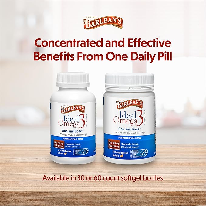 Barlean's Ideal Omega 3 Fish Oil Supplement 1000 mg Softgels Pharmaceutical Grade EPA &amp DHA for Brain Joint &amp Heart Health Orange Flavor 60 ct
