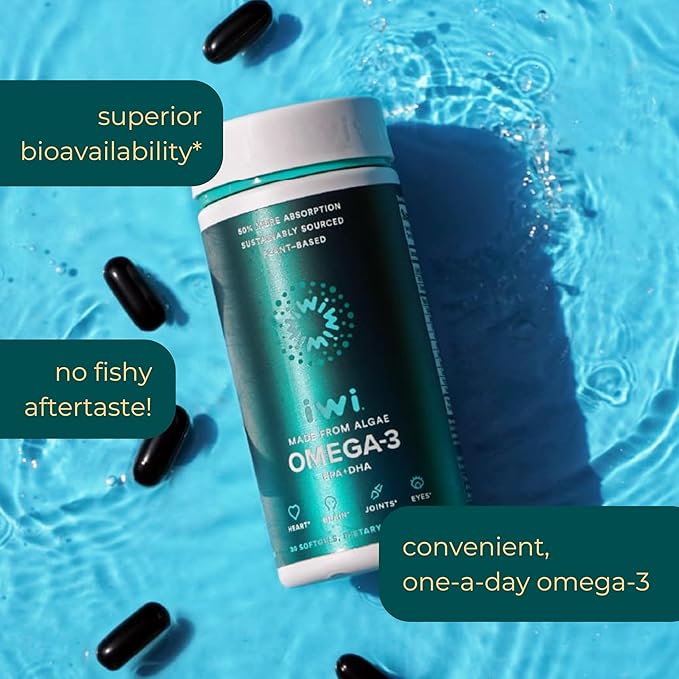 Iwi Omega-3 90 Softgels (90 Servings) Vegan Plant-Based Algae Omega 3 with EPA + DHA Whole-Body Support Dietary Supplement Krill &amp Fish Oil Alternative No Fishy Aftertaste