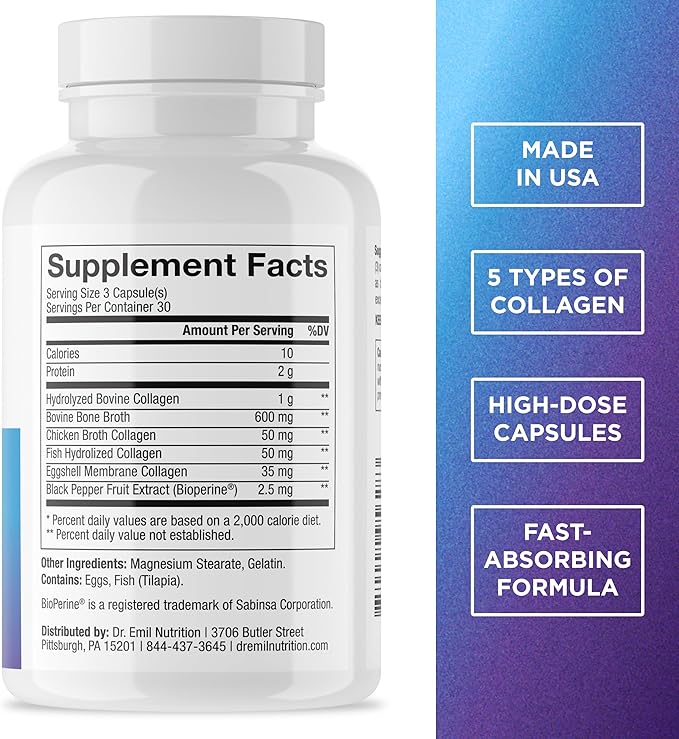 DR. EMIL NUTRITION Women's Multi Collagen Pills | Collagen Supplements | Support Hair Skin Nails &amp Joints | Hydrolyzed Collagen Supplements | Types I II III V &amp X | 90 Capsules