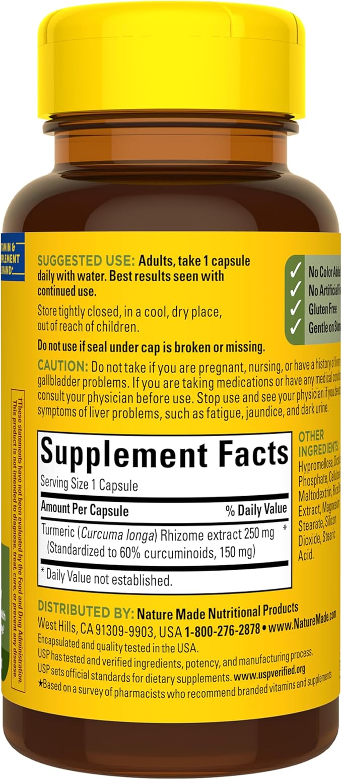 Nature Made High Absorption Turmeric Curcumin Supplement Capsules Turmeric Supplement Muscle and Joint Support 30 Capsules 30 Day Supply
