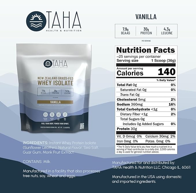 Taha Health &amp Nutrition Vanilla Whey Protein Isolate Powder 30g Protein 7.9g BCAAs 4.3g Leucine | New Zealand Free-Range Grass-Fed Dairy | Gluten-Free Keto Kosher | 2LB 25 Servings