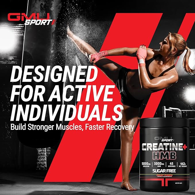 GMU SPORT - Creatine Monohydrate with HMB Powder - 45 Servings Creatine HMB Supplements Creatine with HMB for Increased Strength Muscle Growth &amp Enhanced Energy 3G HMB/Fruit Punch