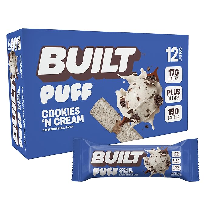 BUILT Bar Puff Protein Bars - Cookies 'N Cream - 17g Protein Snack Bars with Collagen - Calorie Conscious No Gluten Free - 12 Count