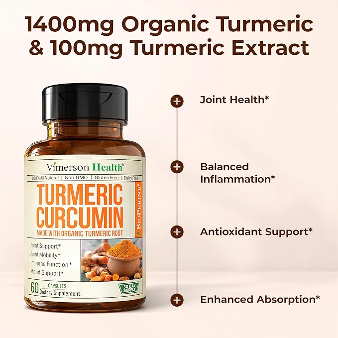 Turmeric Curcumin Supplement with Black Pepper Extract - High Potency Organic Turmeric 1400mg &amp 95% Curcuminoids for Joint &amp Digestive Health - Joint Support Supplement - 60 Vegan Curcuma Caps