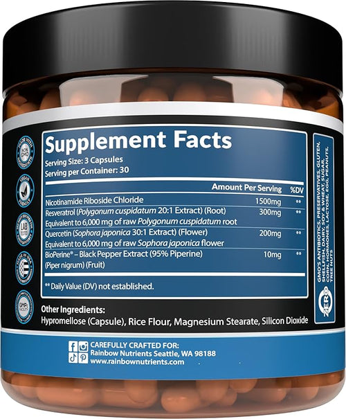 2010 MG NAD+ Supplement- Nicotinamide Riboside Resveratrol Quercetin &amp BioPerine® (High Absorption)- Natural NAD Booster for Anti-Aging Cellular Energy Skin- For Women &amp Men- 90 V Capsules