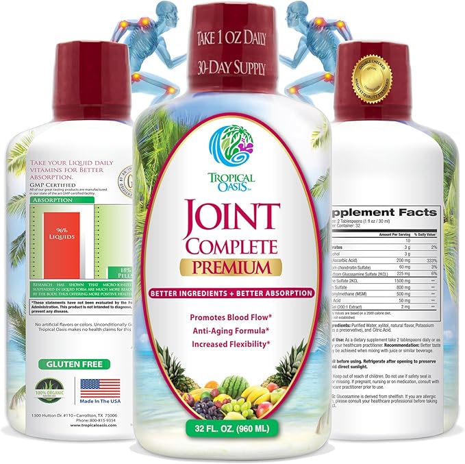 Tropical Oasis Joint Complete Premium - Liquid Joint Supplement with Liquid Glucosamine Sulfate Chondroitin MSM &amp Hyaluronic Acid - 96% Max Absorption– 32oz 32 serv 33484