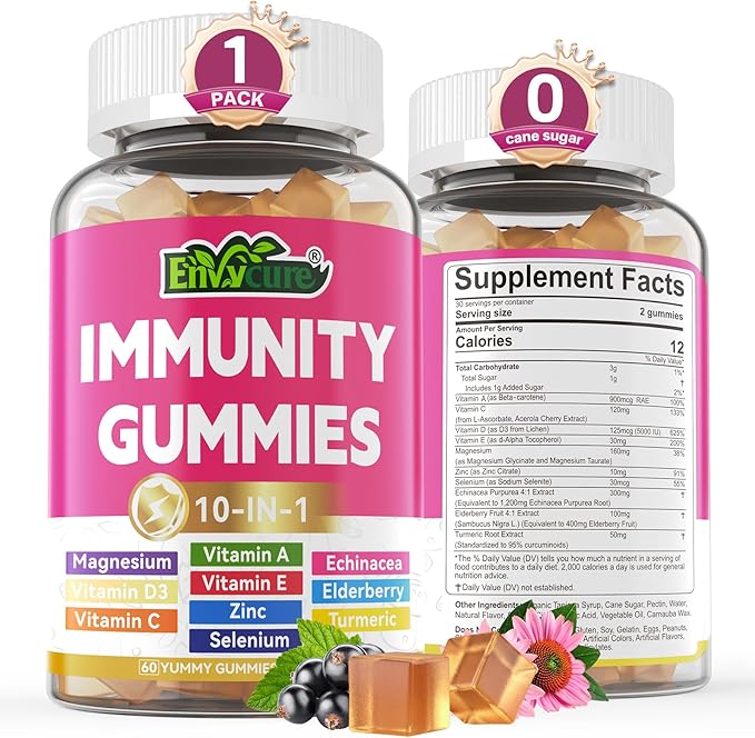 10 in 1 Immune Support Supplement Gummies w/Echinacea Elderberry Vitamin C and Zinc Selenium Vitamin D3 5000IU Magnesium Daily Immune Booster Multivitamin for Antioxidant Bone Energy 1 Pack