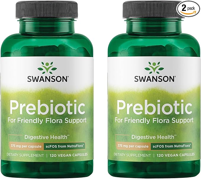 Swanson Prebiotic Fiber Capsules with NutraFlora FOS for Gut-Health-Conscious Adults Seeking Digestive Flora and Immune Support - 750 mg (120 Vegan Capsules 2 Pack)
