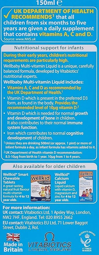 WELLBABY Vitabiotics Multi-Vitamin Liquid - Immune System Multivitamin for Infants and Babies Ages 6 Months to 4 Years - 150mL (Pack of 2)