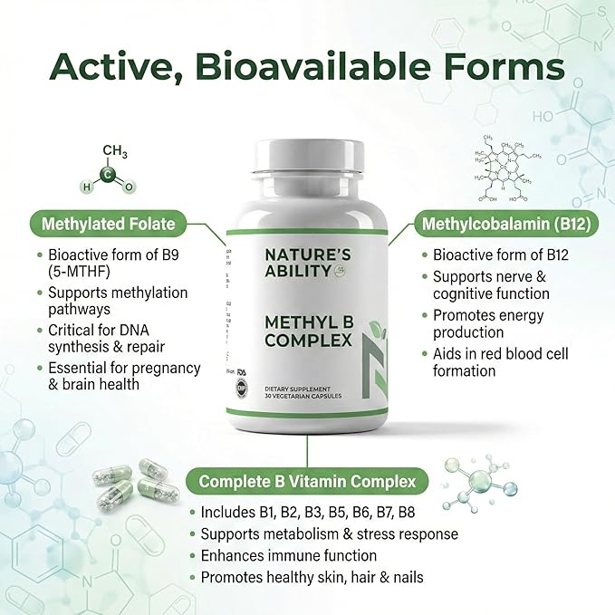 NATURE'S ABILITY Methyl B Complex - Methylated B Vitamins with Folate &amp B12 - Supports MTHFR Energy &amp Metabolism - 30 Vegetarian Capsules