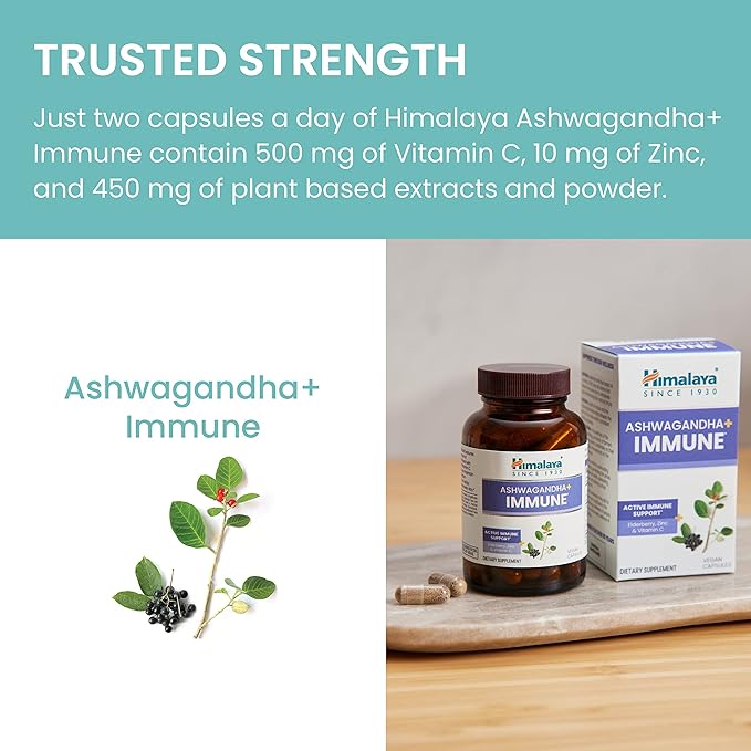 Himalaya Ashwagandha+ Immune - Herbal Immune Support Supplement with Vitamin C Zinc Elderberry and Amla for Immunity - Vegan Non-GMO Gluten Free 960 mg 60 Capsules