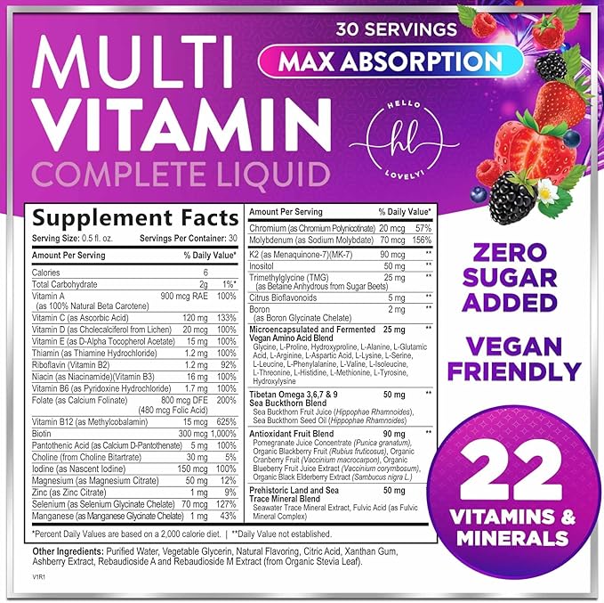 Liquid Multivitamin - Sugar Free Daily Multi Vitamin for Women Men &amp Kids Vitamins A C D B-12 Biotin &amp Zinc - Supports Faster Hair Growth &amp Skin Wrinkles Vegan Non-GMO Berry Flavo