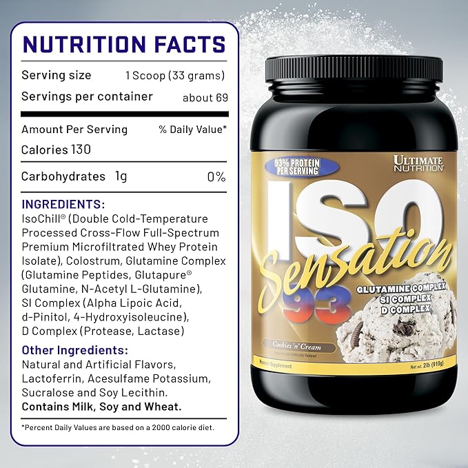 Ultimate Nutrition Whey Protein Isolate Powder with Glutamine Complex ISO Sensation 93 - Whey Protein Powder with Added Colostrum for Enhanced Recovery Immunity &amp Gut Health - Cookies N Cream 2
