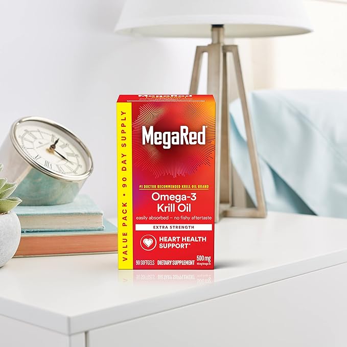MegaRed Antarctic Krill Oil 500mg Omega 3 Fatty Acid Supplement Extra Strength EPA &amp DHA Krill Oil Softgels (90cnt Box) Astaxanthin Heart Health Supplement with No Fish Oil Aftertaste