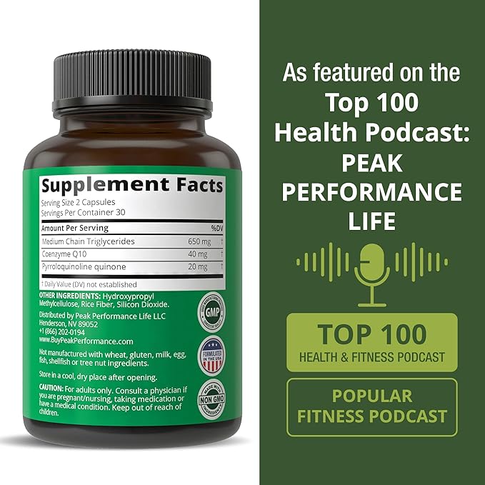 Peak Performance Mitochondria Maximizer with CoQ10 and Active PQQ. Best Mitochondrial Support Supplement with MCT Oil. Natural Cellular Generator for Clean Energy Support. 60 Vegetarian Capsules
