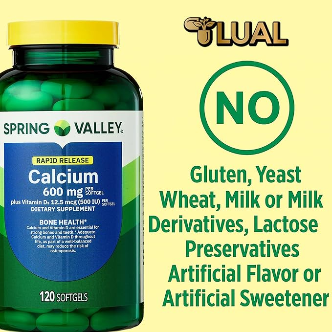 Spring Valley Calcium 600 mg + Vitamin D3 120 Softgels Bone Health Strong Teeth &amp Osteoporosis Support Rapid-Release Capsules Gluten-Free Supplement Bundle with Luall's 45 Diabetes Decoded