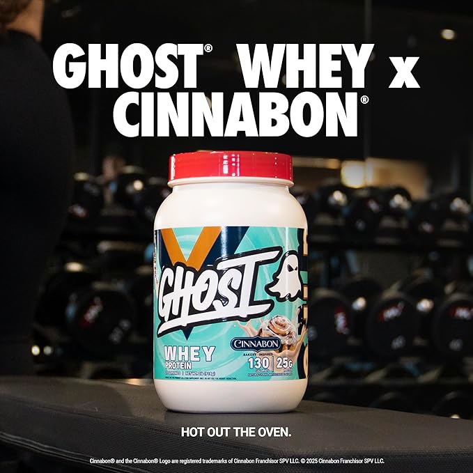 GHOST Whey Protein Powder Cinnabon - 2LB 25G of Protein - Cinnamon Roll Flavored Isolate Concentrate &amp Hydrolyzed Whey Protein Blend - Post Workout Shakes - Soy &amp Gluten Free