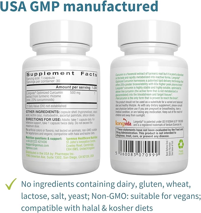 Igennus Longvida Lipidated Curcumin 500mg Ultra Bioavailable &amp Sustained Action 65x Higher Plasma Levels Intensive Support Free-Form Curcumin Vegan 30 Capsules