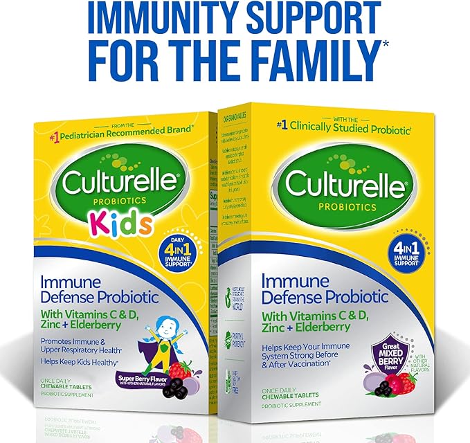 Culturelle Immune Defense Probiotic with Vitamin C Vitamin D and Zinc + Elderberry Non-GMO 4-in-1 Immune Support for Kids Ages 3+* Mixed Berry Chewables 30 Count