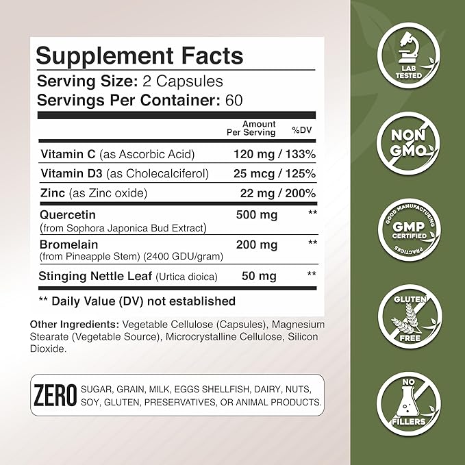Quercetin with Vitamin C and Zinc - Nettle Quercetin - Quercetin 500mg - Quercetin with Bromelain - Zinc Quercetin + Vitamin D3 - 120 Veggie Caps - (Non-GMO Gluten-Free Vegan) - 4 Month Supply