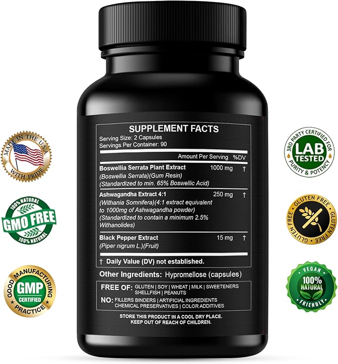 Boswellia Extract and Ashwagandha Capsules 2000 mg - Strong Natural Support Pills 3 Month Supply - Consentrated Boswellia Serrata 65% Boswellic Acid with Ashwagandha Powder Supplement