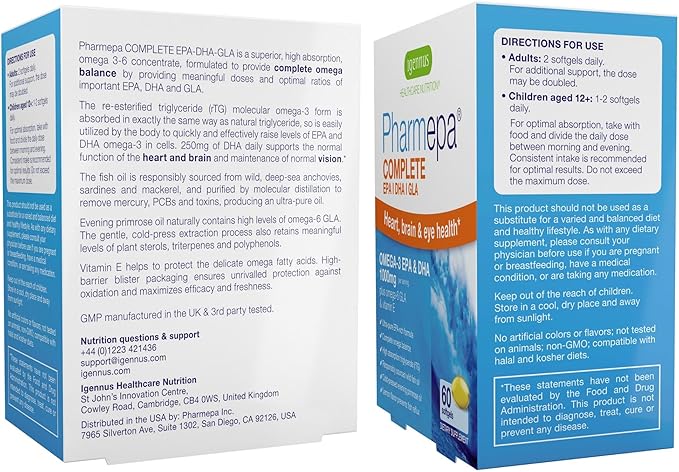 Igennus Pharmepa rtg Omega 3 EPA DHA Fatty Acids 1000mg IFOS Certified High Potency Wild Fish Oil with GLA Evening Primrose Oil Lemon Flavor 60 Softgels