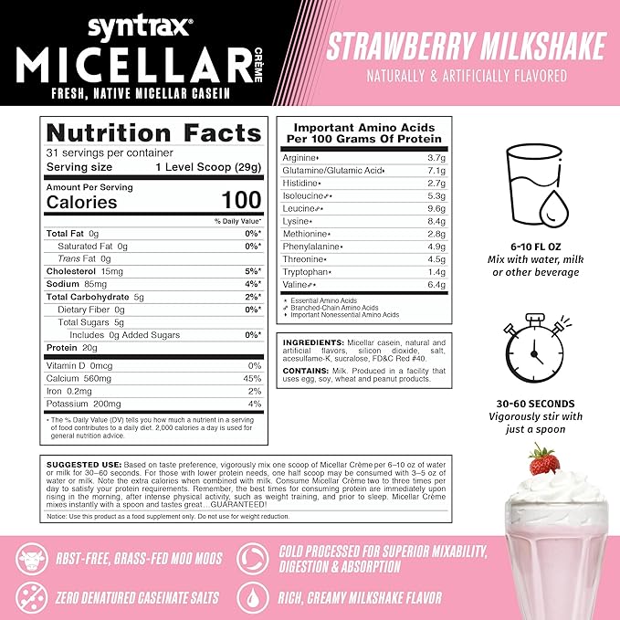 Syntrax Nutrition Micellar Creme Fresh Native Micellar Casein Strawberry Milkshake 2 lbs.