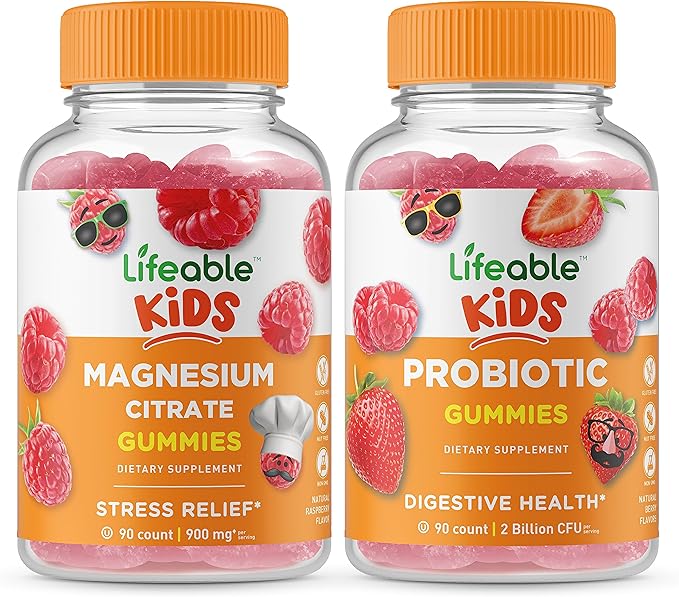 Lifeable Magnesium Kids + Probiotic 2 Billion CFU Kids Gummies Bundle - Great Tasting Vitamin Supplement Gluten Free GMO Free Chewable Gummy