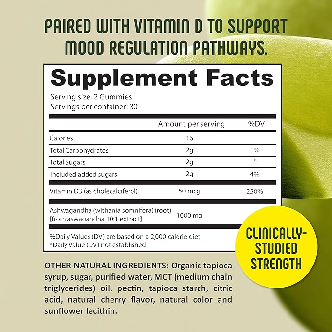 Ashwagandha Gummies with Vitamin D – Clean Natural Vegan Non‑GMO – Stress Sleep &amp Mood Support – Daily Adaptogen Chewables – 60 Gummies – Made in USA
