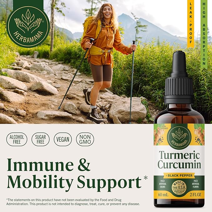 HERBAMAMA Liquid Turmeric Drops - Vegan Uric Acid &amp Digestive Support with Pure Turmeric Curcumin with Black Peppe Extract - Non-GMO Alcohol &amp Sugar-Free Antioxidant Supplement - 28-Day Suppl