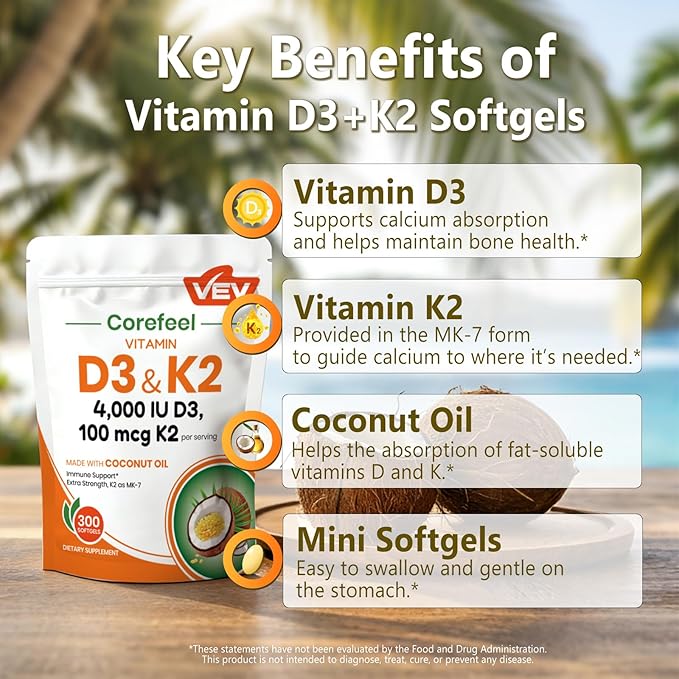 VEV Vitamin D3 K2 4000 IU 100 mcg MK-7 300 Softgels with Coconut Oil Easy to Swallow K2 D3 Vitamin Supplement Daily Nutrient Support