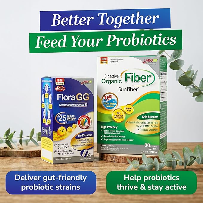 LABO Nutrition FloraGG Lactobacillus Rhamnosus LGG 25 Billion CFU Daily (LGG Probiotic with Sunfiber) 5-Layer Microencapsulated L. Rhamnosus Supplement | Digestion &amp Immune Support | 60 Capsules x