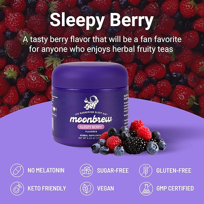 MoonBrew Nighttime Magnesium Sleepy Berry Smoothie Natural Sleep Aid Drink Mix for Adults 3-Pack - Calming Melatonin-Free Sleep Support with L-Theanine Chamomile &amp Zinc Glycinate - 75 Servings