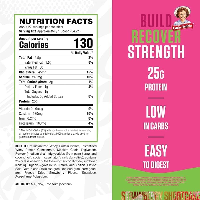 RYSE Loaded Protein Powder - Little Debbie Strawberry Shortcake Rolls - 25g Whey Protein Isolate &amp Concentrate with Prebiotic Fiber &amp MCTs - Low Carb &amp Low Sugar - 27 Servings / 2 lb Tub