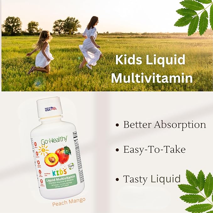 Go Healthy Liquid Multivitamin for Kids 2 Pack Bundle 1 Raspberry Bottle and 1 Peach Mango Bottle