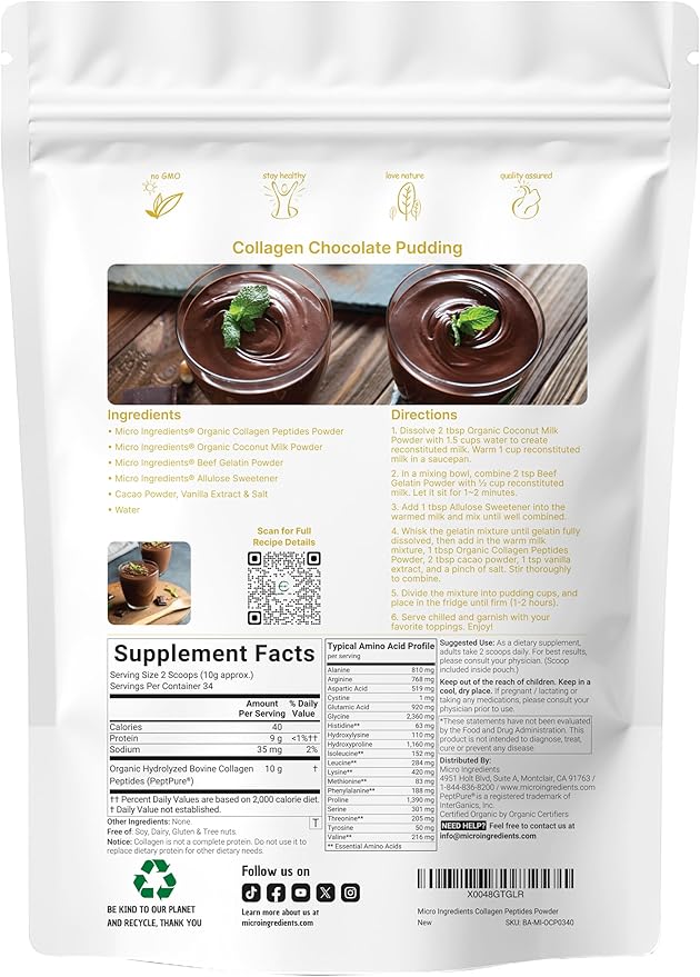 Micro Ingredients Collagen Peptides Powder Organic 12oz | Type I &amp III + Natural Protein | Grass-Fed Bovine Source | Unflavored | Supports Skin Joint &amp Bone Health | Paleo Non-GMO