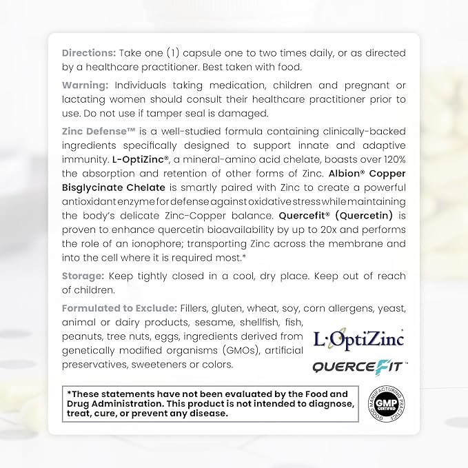 Zinc Defense | Zinc + Copper + Quercetin | 60 Servings in Vegan Capsules | L-OptiZinc &amp Quercefit Ionophore | Chelated Minerals | Immune Gut &amp Hormonal Balance Support