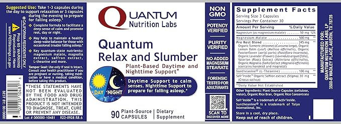 Quantum Nutrition Labs Quantum Relax and Slumber - Sleep Supplement with Magnesium Malate &amp L-Theanine Natural Calm Complex with Lemon Balm &amp Valerian Root for Women &amp Men - 90 Capsules