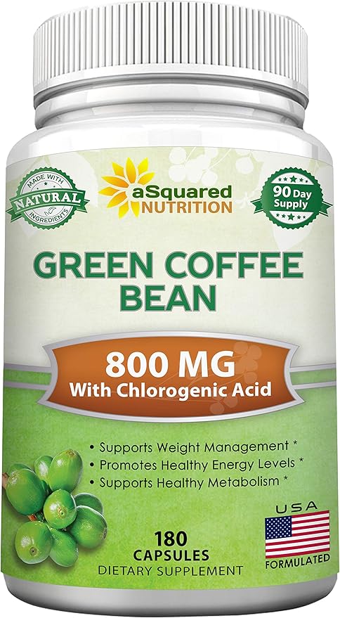 aSquared Nutrition Natural Green Coffee Bean Formula-180 Capsules-Max Strength GCA Antioxidant Cleanse for Pure Weight Loss 800mg per Pill-Chlorogenic Acid-1600mg Daily Supplement Healthy Fat Burner