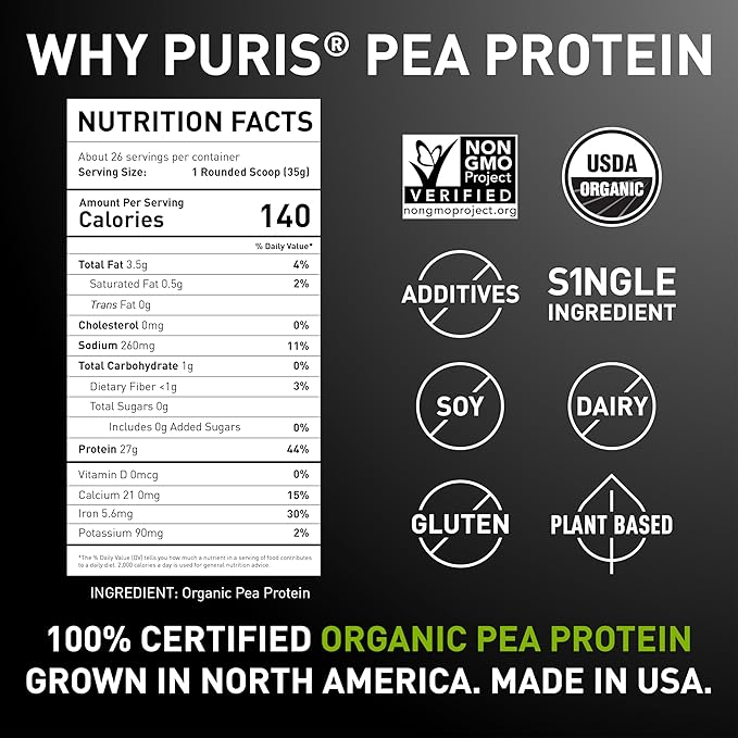 PURIS Organic Pea Protein Powder – USDA Organic Vegan Protein | 27g Plant Protein Per Serving | Non-GMO Gluten-Free Soy-Free | Clean Label | Smooth Taste | 2 lb (3 Pack)