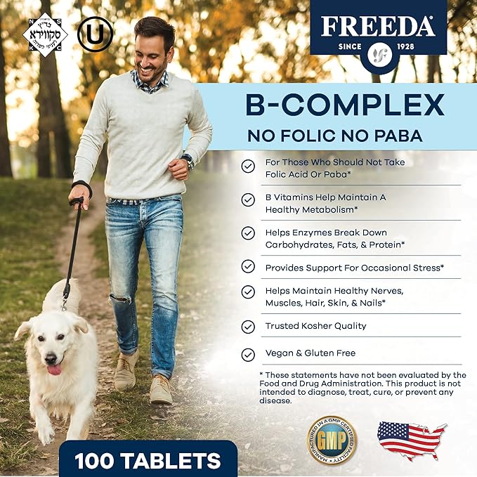 Freeda Vitamin B Complex No Folic No PABA - Super B Complex Kosher Vitamin Supplement with Vitamin B1 Vitamin B2 Vitamin B3 Vitamin B5 Vitamin B6 Vitamin B12 - Vit B Complex B for Women &amp Men (100