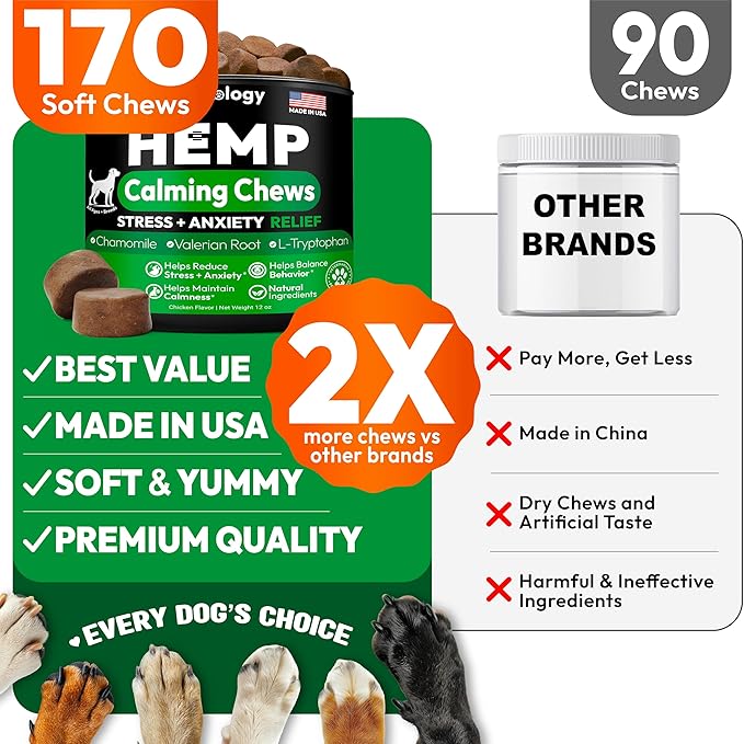 Hemp Calming Chews for Dogs - 170 Dog Calming Chews - Anxiety Relief Treats - Advanced Stress Relief Supplement Separation Aid Barking Fireworks Melatonin - Hip &amp Joint Support - Made in USA