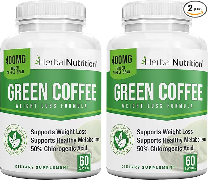 Herbal Nutrition BOGO Pure Green Coffee Bean Extract Two Bottle Pack 120 Capsules Multi-Level Dosing 400mg - 1200mg Per Serving 50% Chlorogenic Acid. Weight Loss &amp Cleanse Supplement