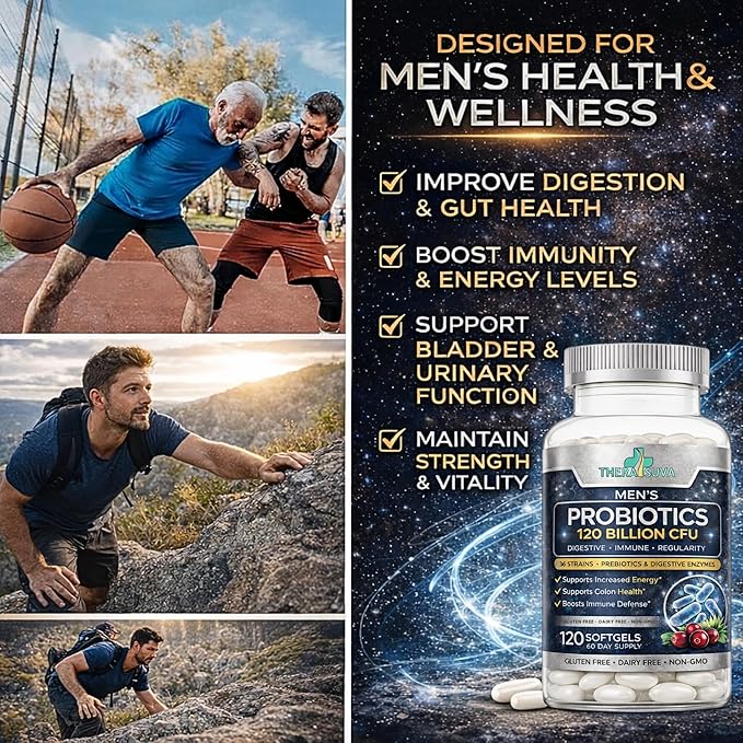 Mens Probiotic 120 Billion CFU 36 Strains + Prebiotics &amp Digestive Enzymes Digestive Gut &amp Immune Support 60 Day Supply 120 Capsules