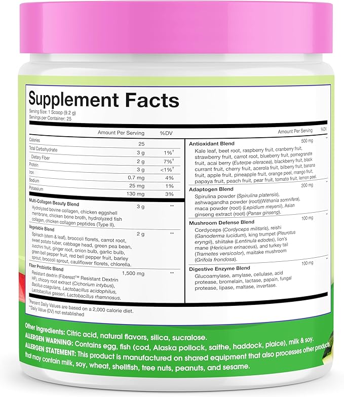 Obvi Collagen Greens - Collagen Greens Powder for Overall Wellness - Nutrient-Rich Superfood Blend - Healthy Digestion - Radiant Skin - Watermelon Lime - 8.1 oz (25 Servings)